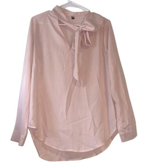 Yidarton Womens Blush Pink Long Sleeve Tie Neck Blouse Polyester M - Picture 2 of 8